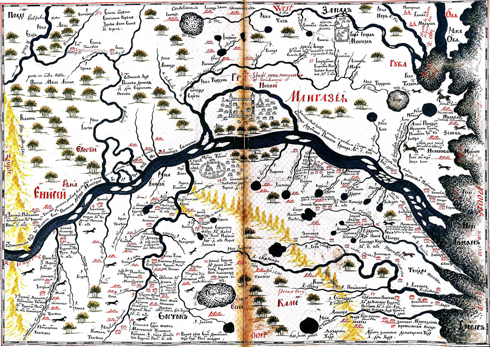 Карта города Новая Мангазея (современный Старотуруханск) с окрестностями конца XVII века из «Чертежной книги Сибири, составленной тобольским сыном боярским Семеном Ремезовым в 1701 году», — Санкт-Петербург, 1882
